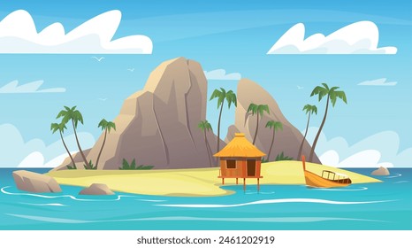 Tropical island landscape. Sandy beach with rocks. Palm trees or mountains. Bungalows on stilts. Paradise summer vacation at sea. Ocean coast nature. Scenic seascape