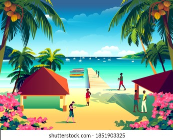 Tropical Island landscape and traditional houses  palm trees  yachts  flowers  islands   the sea in the background  Handmade drawing vector illustration  Retro style poster 