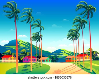 Tropical Island landscape with traditional houses, palm trees,   and the mountains in the background. Handmade drawing vector illustration. Retro style poster.