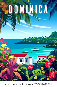 Tropical Island landscape with traditional houses, palm trees,   and the sea in the background. Handmade drawing vector illustration. Dominica travel poster design.