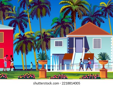 Tropical Island landscape and traditional houses  palm trees  flowers  people   the sea in the background  Handmade drawing vector illustration  Retro style poster 
