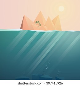 Tropical island landscape vector background. Summer holiday on tropical island advertising. Tropical island adventures. Summer ocean seascape with tropical island. Tropical island holiday resort. 