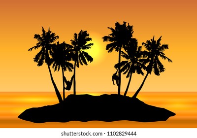 Tropical island landscape vector with monkeys on palms and yellow sun on orange shaded sky.