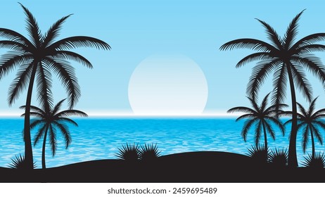 Tropical island landscape vector with palm trees and sun on blue shaded sky.