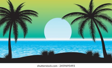 Tropical island landscape vector with palm trees and sun on blue shaded sky.