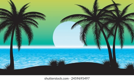 Tropical island landscape vector with palm trees and sun on blue shaded sky.