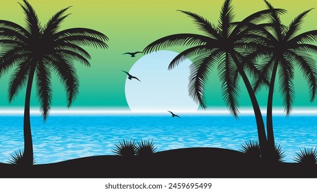 Tropical island landscape vector with palm trees and sun on blue shaded sky.