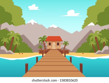 Tropical island landscape with wooden bridge leading to beach house standing on sea shore with mountain and palm tree forest background. Flat vector illustration