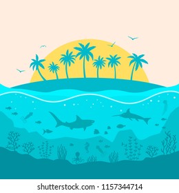 tropical island and the life of the underwater world with a shark and other fish. holiday concept and output. flat vector illustration