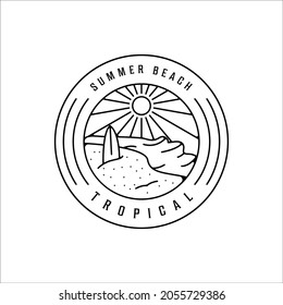 tropische Insellinie Art Logo minimalistisch einfache Vektorgrafik Vorlage Symbol Design. Surfbrett und Sommer-Strandlinekonzept mit Kreisschildtypografie