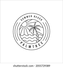 tropical island line art logo minimalist simple vector illustration template icon design. palm and summer beach linear concept with circle badge typography