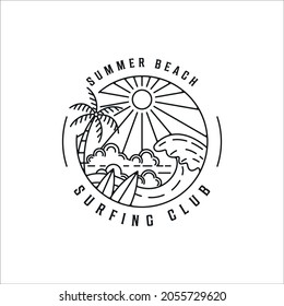 tropical island line art logo minimalist simple vector illustration template icon design. palm surf board and summer beach linear concept with circle badge typography