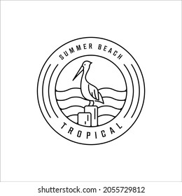 tropical island line art logo minimalist simple vector illustration template icon design. pelican and summer beach linear concept with circle badge typography
