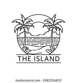 Tropical island line art logo with two palm trees isolated white background