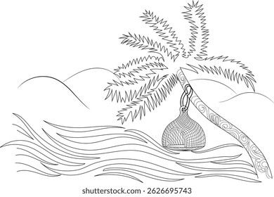 Tropical Island Line Drawing, Black and white line art illustration of a tropical island scene featuring a palm tree with a hanging basket, ocean waves, and hills in the background. Ideal for