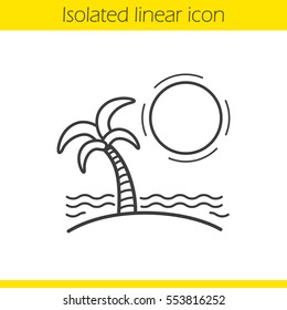 Tropical island linear icon. Thin line illustration. Seashore with with sun, waves and palm tree. Seashore vacation contour symbol. Vector isolated outline drawing