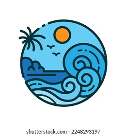 tropical island logo design with blue waves line style vector illustration