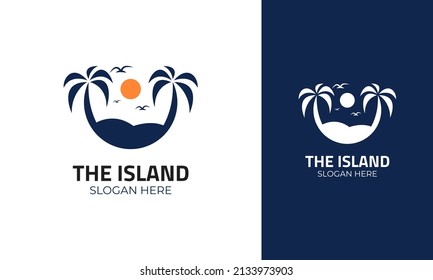 Tropical island logo design. Summer beach vector with heron flying and sun icon