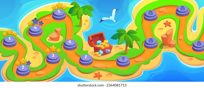 Tropical island map for game level interface. Vector cartoon illustration of sandy beach with road between palm trees, stones, treasure chest with golden coins and gemstones, adventure gui background