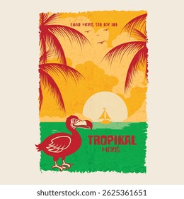 Ilha tropical das Maurícias. Apresentando um ousado pássaro de dodô vermelho, palmeiras, ondas do oceano, e um pôr do sol dourado, cultura mauriciana e lembranças de turismo de verão, e coleções de verão.
          