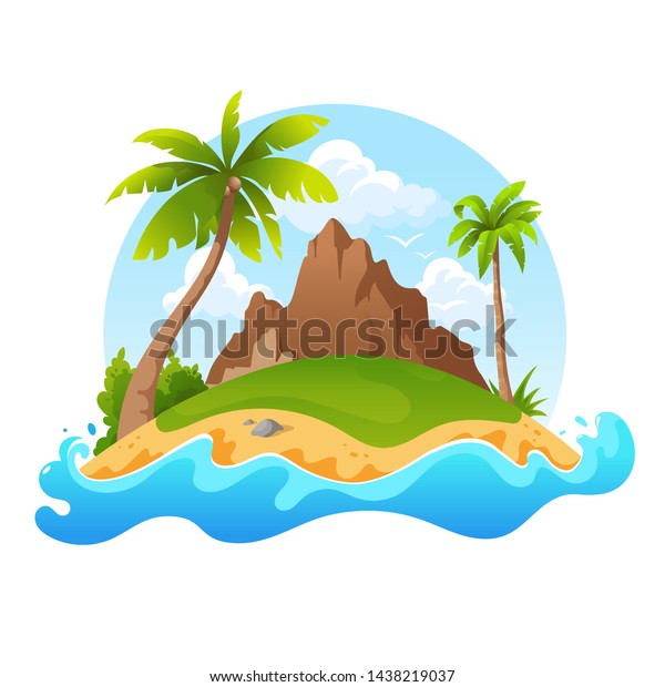 白い背景に熱帯の島と山とヤシの木 水に囲まれたマンガの無人島 ベクターイラスト のベクター画像素材 ロイヤリティフリー