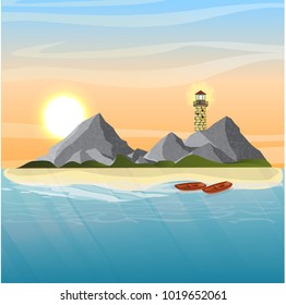 Tropical island with mountains and volcanoes in the ocean or sea. Sandy beach with two wooden boats. A large stone lighthouse with a burning light. Vector landscape