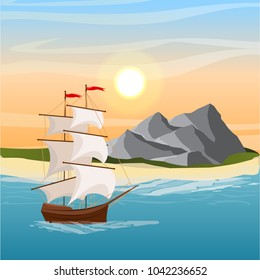 Tropical island with mountains and volcanoes in the ocean or sea. Sandy beach. A ship with belly sails on the sea or the ocean. Vector landscape 
