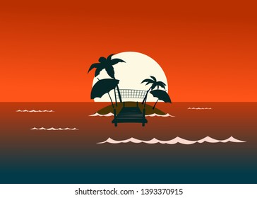 tropical island in the ocean against the backdrop of the setting sun, resort, palm trees, beach basketball