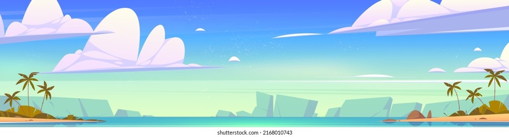 Tropical island in ocean nature landscape, panoramic background calm sea and palm trees under blue sky, tranquil water surface with rocks under beautiful cloudy heaven, Cartoon vector illustration