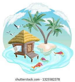 Tropical island in the ocean with palm trees and bungalow, vector illustration