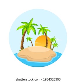 Tropical island in ocean with palm trees. Sandy beach by sea. Rest at resort. vector illustration.