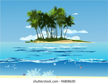 A tropical island in the ocean with palm trees
