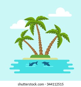 Tropical island in the ocean with palms and  jumping dolphins  