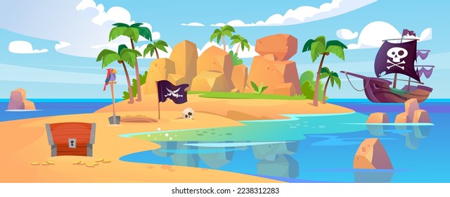 Tropical island in the ocean with palms, a pirate ship and a hidden treasure. Chest with gold coins, a shovel, a parrot and a black flag. Vector game background. Cartoon style vector illustration.