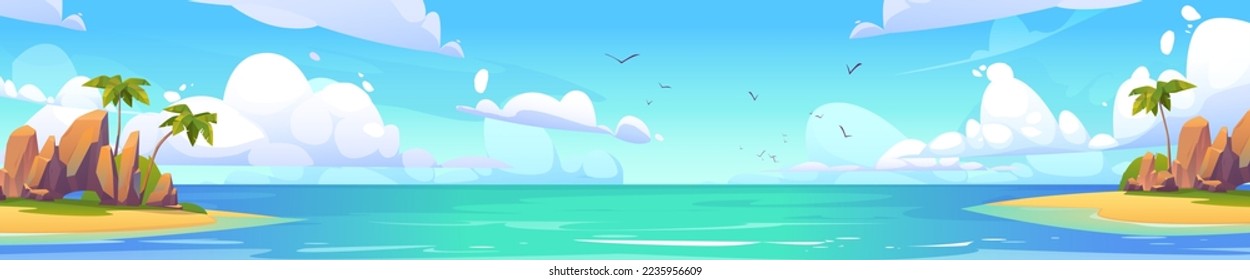 Tropical island in ocean panoramic nature landscape. Cartoon background with sea and palm trees under blue sky, tranquil water surface with rocks under beautiful cloudy heaven, vector illustration