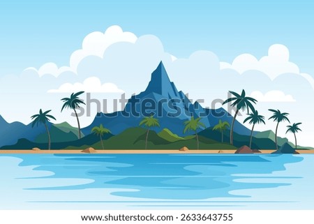 Tropical island in the ocean. Vector illustration of a tropical island with a sandy shore, rocky mountains, exotic plants, palm trees and a blue sky with clouds.
