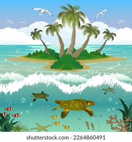 Tropical island in the ocean.Vector illustration with tropical island and animals underwater.