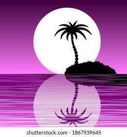 Tropical island on the background of the moon. Palm tree silhouette. Vector illustration.