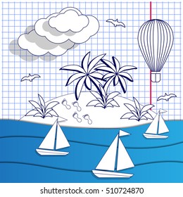 Tropical island on a sheet in a cage. Vector illustration.