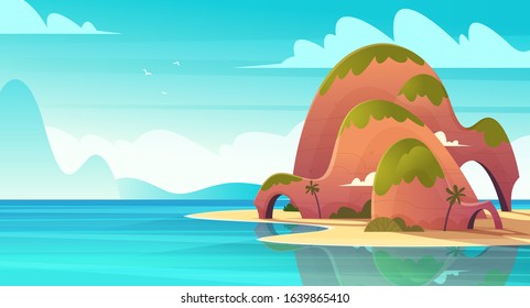 Tropical island in the pacific ocean or calm blue sea. Empty mountain hill with a sandy beach in the middle of the sea