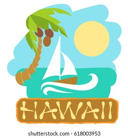 Tropical island with palm tree and boat. Vector illustration icon for traveling.