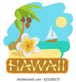Tropical island with palm tree and boat. Vector illustration icon for traveling.