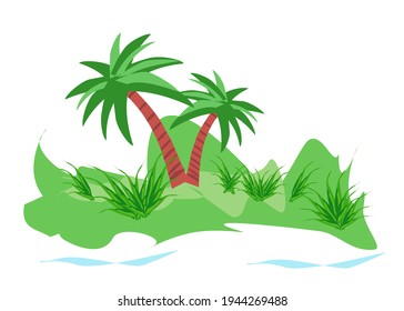 Tropical island with palm tree, coconut tree ,sea, mountain, fresh air. isolate on white background. Copy space for your text.