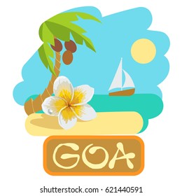 Tropical island with palm tree, flower plumeria and boat. Vector illustration icon for traveling.