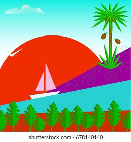 Tropical island with palm tree and flowers, ship and sun. Vector illustration