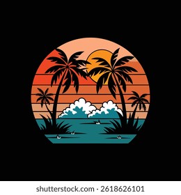Tropical island with palm tree silhouettes at sunset	