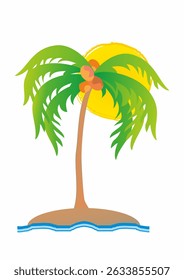 tropical island with palm tree and sun, vector icon, illustration