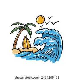 Tropical island with palm tree, surfboards, waves, sun, and birds symbolize a summer beach vacation