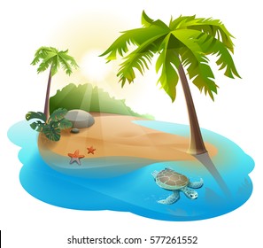 Tropical island with palm tree and turtle. Illustration in vector format