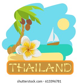 Tropical island with palm tree. Vector illustration icon for Thailand traveling.